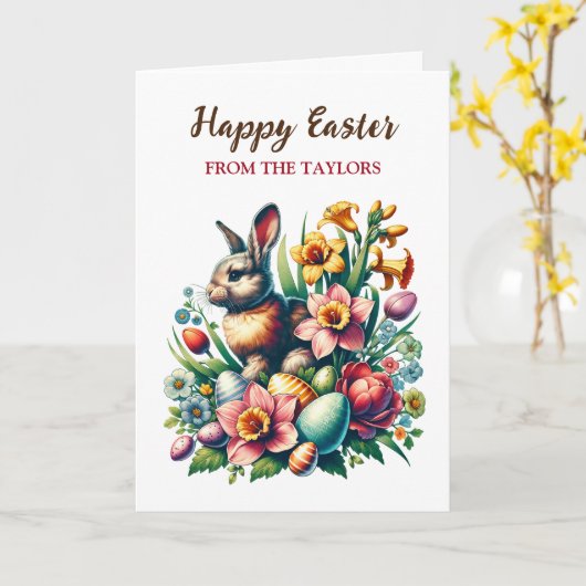 Gepersonaliseerde  paashaas en bloemen kaart (Gele Bloem)