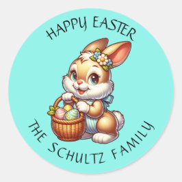 Gepersonaliseerde  paashaas en mand ronde sticker