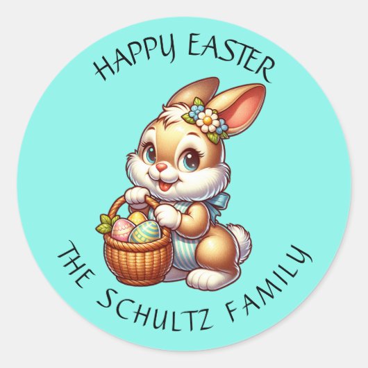 Gepersonaliseerde paashaas en mand ronde sticker (Voorkant)