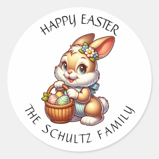 Gepersonaliseerde  paashaas en mand ronde sticker (Voorkant)