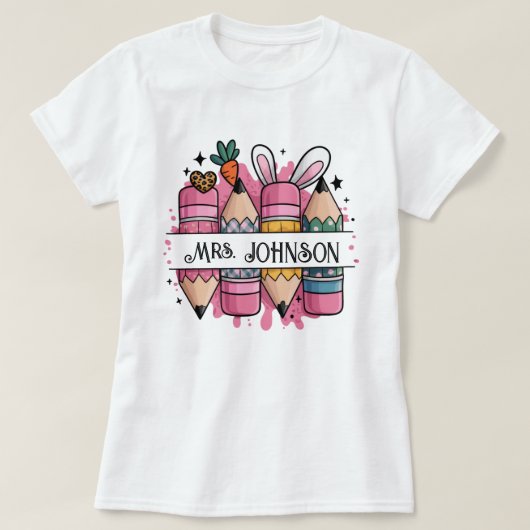 Gepersonaliseerde Paasleraar Naam T-shirt; Bunny P T-shirt (Design voorkant)