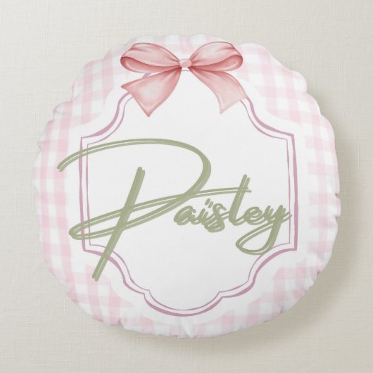 Gepersonaliseerde Paisley Baby Girl Nursery Gingha Rond Kussen (Voorkant)