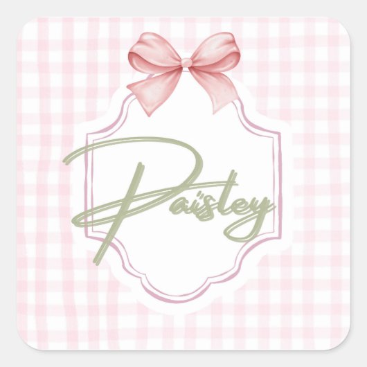 Gepersonaliseerde Paisley Baby Girl Nursery Gingha Vierkante Sticker (Voorkant)