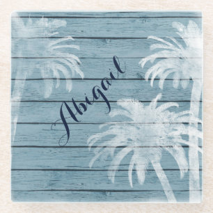 Gepersonaliseerde palmbomen op rustieke houten str glazen onderzetter
