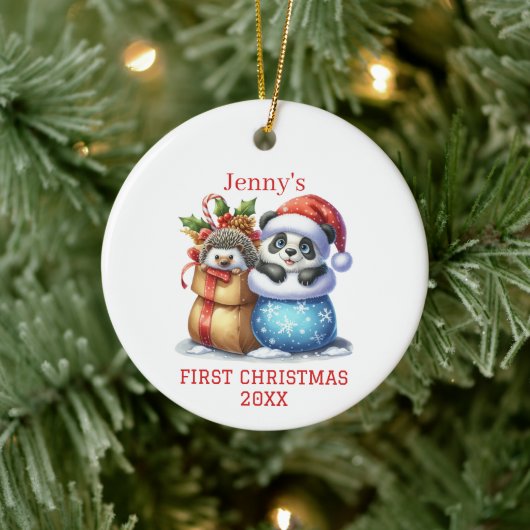 Gepersonaliseerde Panda Beer en Hedgehog Cub Chris Keramisch Ornament (Boom)