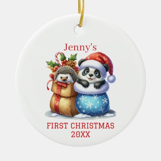 Gepersonaliseerde Panda Beer en Hedgehog Cub Chris Keramisch Ornament (Voorkant)