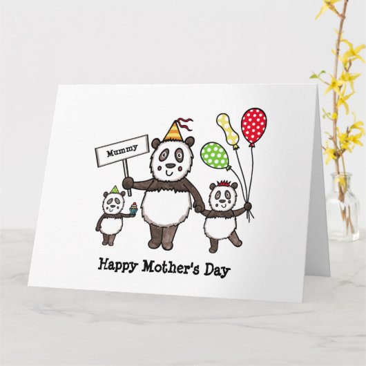 Gepersonaliseerde Panda Party Moederdag Kaart (Gele Bloem)