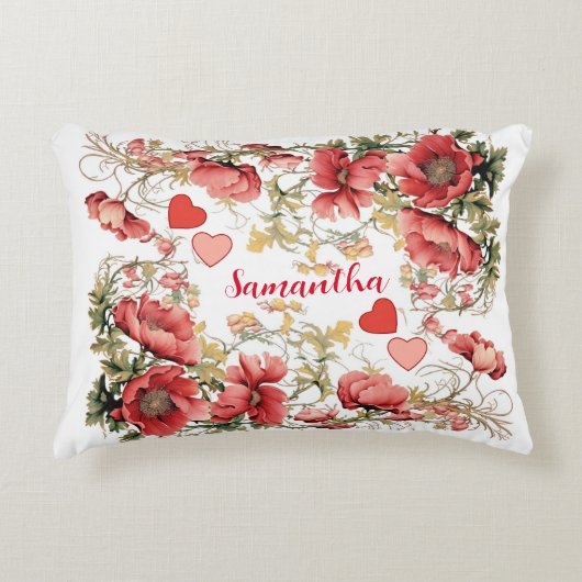 Gepersonaliseerde  papaver en harten accent kussen (Voorkant)