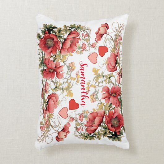 Gepersonaliseerde  papaver en harten accent kussen (Voorkant(Verticaal))