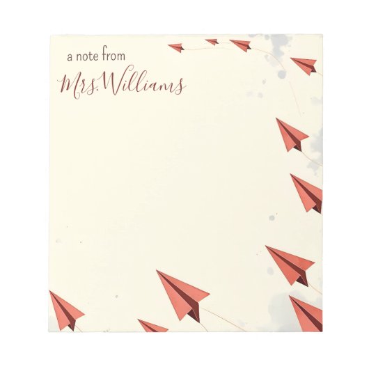 Gepersonaliseerde Paper Plane Lijst Teacher Gift Notitieblok (Voorkant)