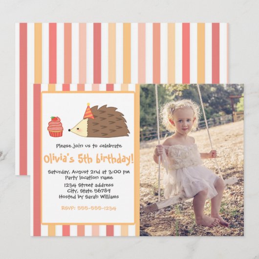 Gepersonaliseerde partij egel en cupcake kaart (Voorkant / Achterkant)
