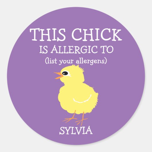 Gepersonaliseerde Pasen Chick Allergie Alert Paars Ronde Sticker (Voorkant)