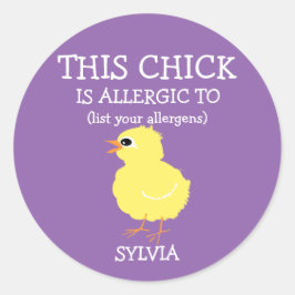 Gepersonaliseerde Pasen Chick Allergie Alert Paars Ronde Sticker