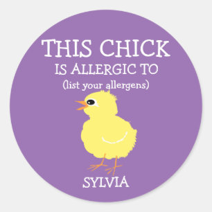 Gepersonaliseerde Pasen Chick Allergie Alert Paars Ronde Sticker