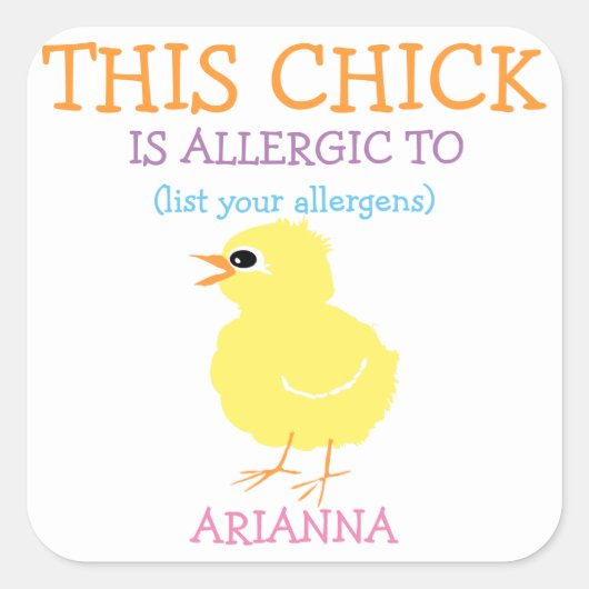 Gepersonaliseerde Pasen Geel Chick Allergie Alert Vierkante Sticker (Voorkant)