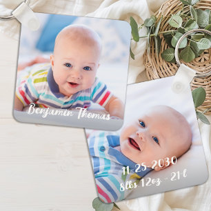 Gepersonaliseerde Pasgeboren Baby Foto Naam & Gebo Sleutelhanger