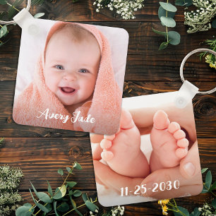 Gepersonaliseerde Pasgeboren Baby Foto Naam & Verj Sleutelhanger