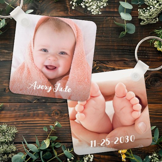 Gepersonaliseerde Pasgeboren Baby Foto Naam & Verj Sleutelhanger
