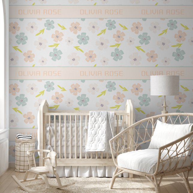 Gepersonaliseerde Pastel Bloemen Baby Naam Wallpap Behang (Kinderen)
