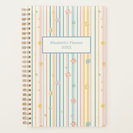 Gepersonaliseerde Pastel Bloemen Strepen Jaarlijks Planner (Voorkant)