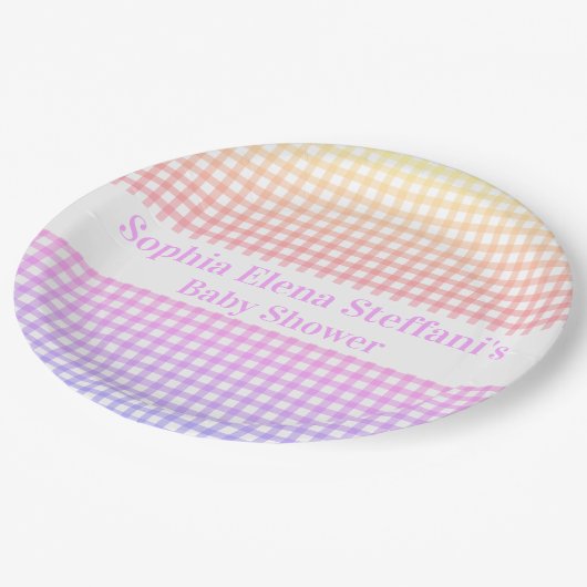 Gepersonaliseerde Pastel Gradient Gingham Party Papieren Bordje (Gekanteld)