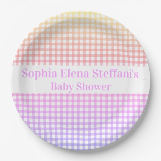Gepersonaliseerde Pastel Gradient Gingham Party Papieren Bordje (Voorkant)