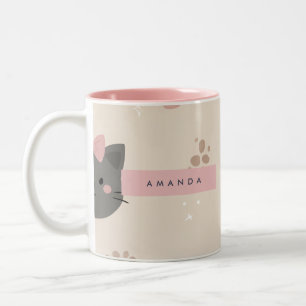 Gepersonaliseerde pastel kawaii kat gezicht patroo tweekleurige koffiemok