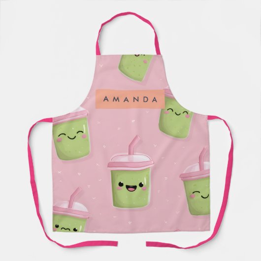 Gepersonaliseerde pastel Kawaii Matcha Melkthee Schort (Voorkant)