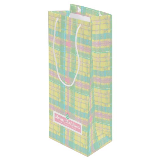 Gepersonaliseerde Pastel Plaid Kerstmis Wijn Cadeautas (Achterkant Gekanteld)