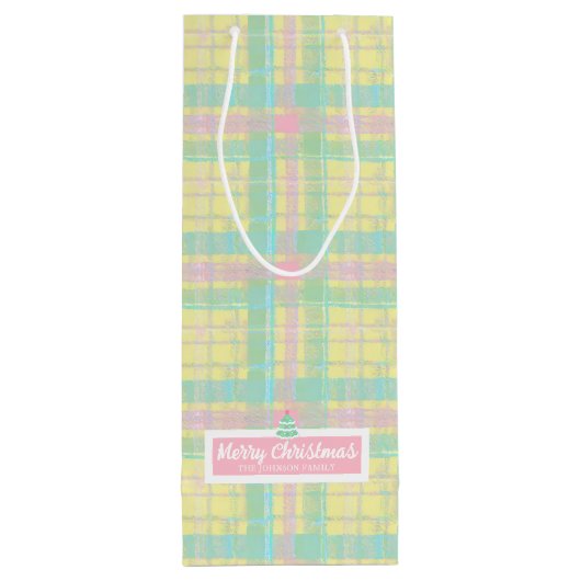 Gepersonaliseerde Pastel Plaid Kerstmis Wijn Cadeautas (Achterkant)