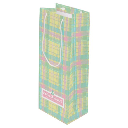 Gepersonaliseerde Pastel Plaid Kerstmis Wijn Cadeautas (Voorkant Gekanteld)