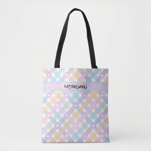 Gepersonaliseerde Pastel Rainbow Gingham Pattern T Tote Bag (Voorkant)