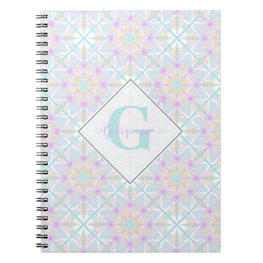 Gepersonaliseerde Pastel Regenboog Bloemen Mandala Notitieboek (Voorkant)