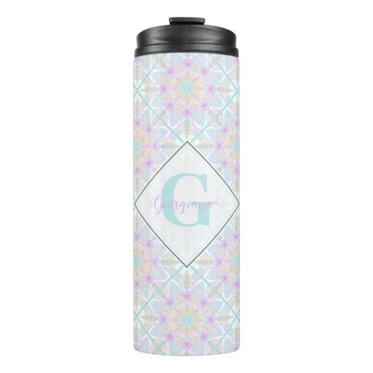 Gepersonaliseerde Pastel Regenboog Bloemen Mandala Thermosbeker (Voorkant)