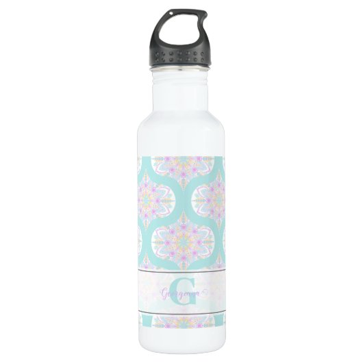 Gepersonaliseerde Pastel Regenboog Bloemen Mandala Waterfles (Voorkant)
