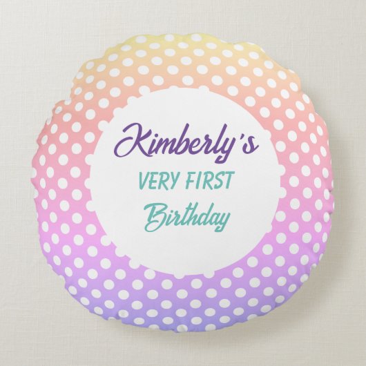 Gepersonaliseerde Pastel Regenboog Polka Dots Rond Kussen (Voorkant)