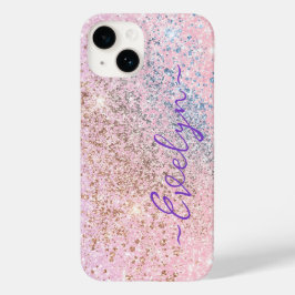Gepersonaliseerde pastel roze blauw glitter Case-Mate iPhone 14 hoesje