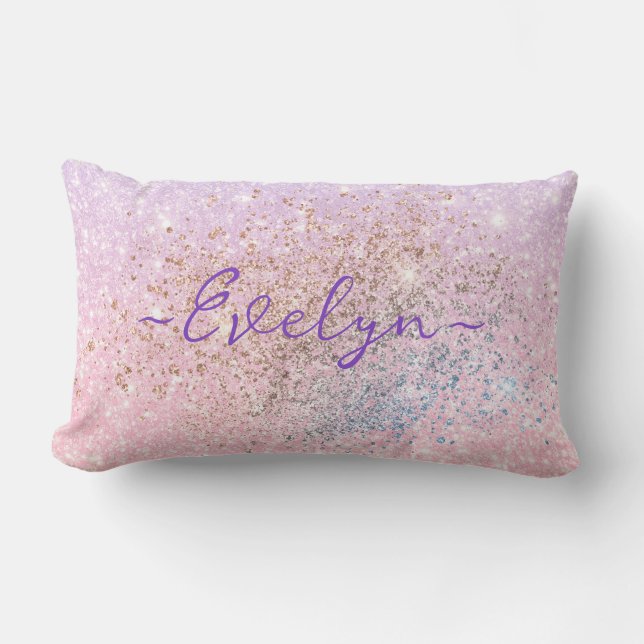 Gepersonaliseerde pastel roze blauw glitter kussen (Voorkant)
