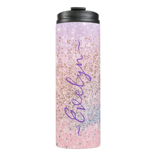 Gepersonaliseerde pastel roze blauw glitter thermosbeker (Voorkant)