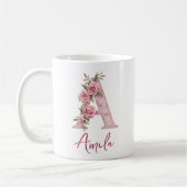 Gepersonaliseerde pastel roze bloem monogram lette koffiemok (Links)