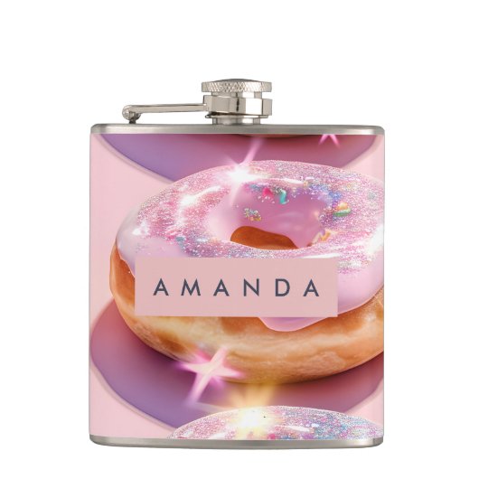 Gepersonaliseerde Pastel Roze Donut Glans Heupfles (Voorkant)