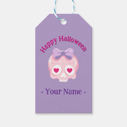 Gepersonaliseerde pastel roze en Paarse schedel Cadeaulabel (Voorkant)