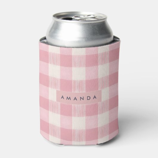 Gepersonaliseerde Pastel Roze Gingham Wangenrood Blikjeskoeler (Blikje Voorkant)