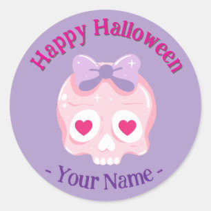 Gepersonaliseerde Pastel Roze Paarse Schedel Hallo Ronde Sticker