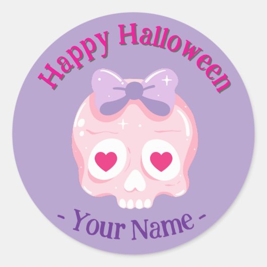 Gepersonaliseerde Pastel Roze Paarse Schedel Hallo Ronde Sticker (Voorkant)
