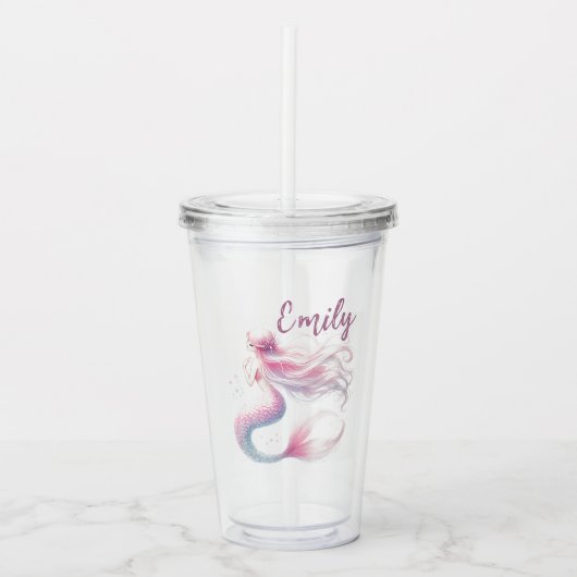 Gepersonaliseerde Pastel Roze Zeemeermin Tumbler Acryl Drinkbeker (Voorkant)