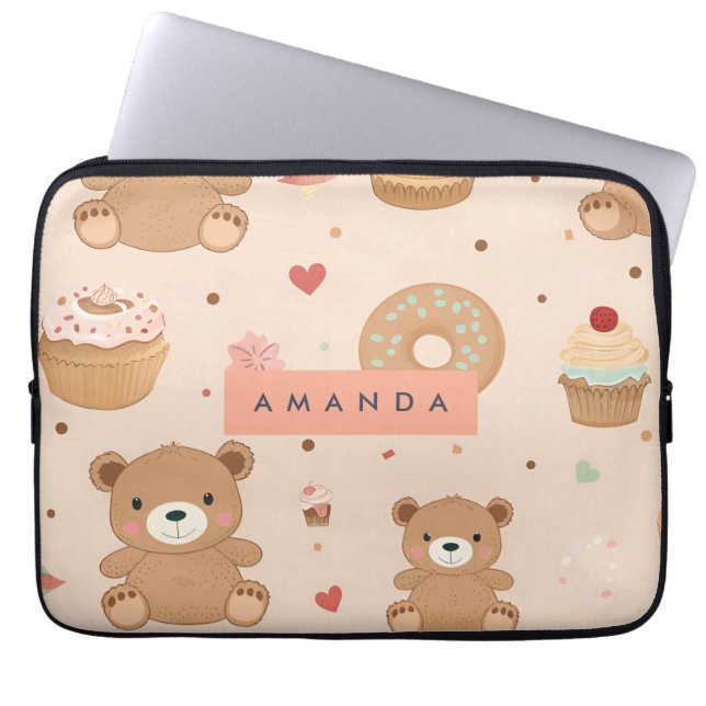 Gepersonaliseerde pastel teddybeer en donut desser laptop sleeve (Voorkant)