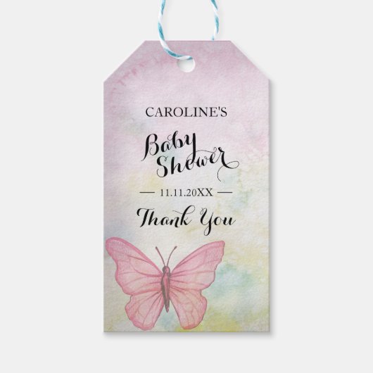 Gepersonaliseerde pastel vlinder roze Baby shower Cadeaulabel (Voorkant)