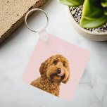 Gepersonaliseerde Pastelroze telefoonhoes met hond Sleutelhanger<br><div class="desc">Draag een stuk van je harige vriend met je mee, waar je ook gaat met deze gepersonaliseerde pastelroze sleutelhanger. Met een foto van je geliefde hond en zijn naam, voegt deze hoogwaardige sleutelhanger een vleugje charme toe aan je sleutels, tas of rugzak. De zachte pastelroze achtergrond benadrukt prachtig de foto...</div>