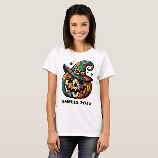 Gepersonaliseerde Patchwork Pump Halloween T-shirt (Voorkant volledig)